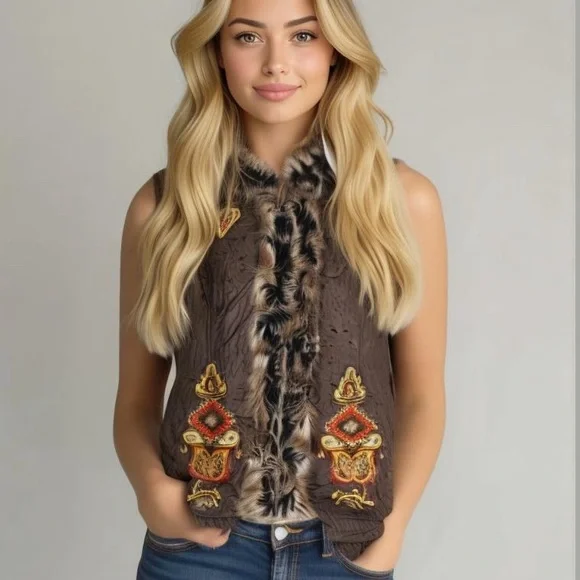Double D Ranch Twila heavily embroidered fur trimmed vest. Incredibly rare NWOT - Picture 2 of 14